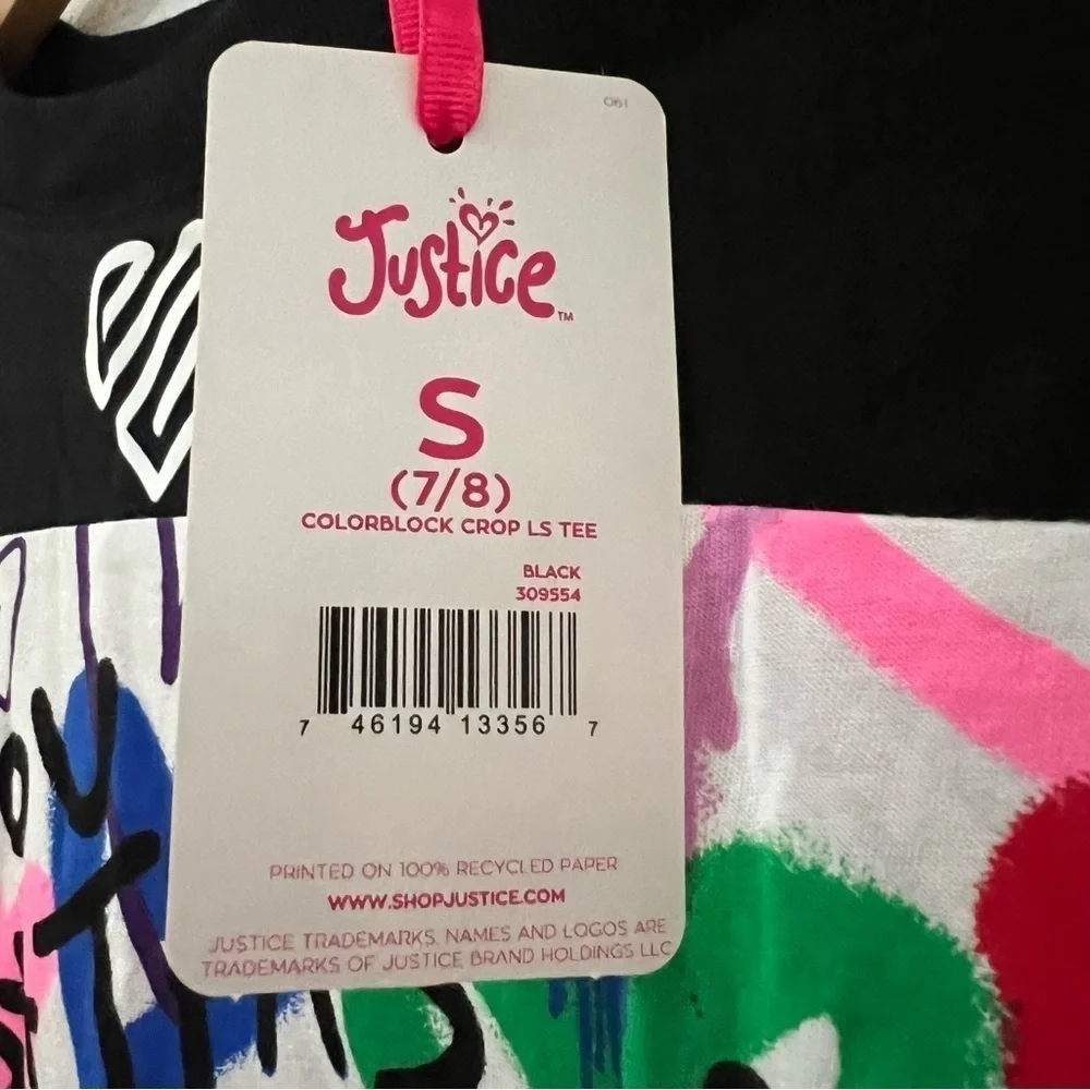 Girls Justice cropped tee color block black and pink/ SZ Small 7/8